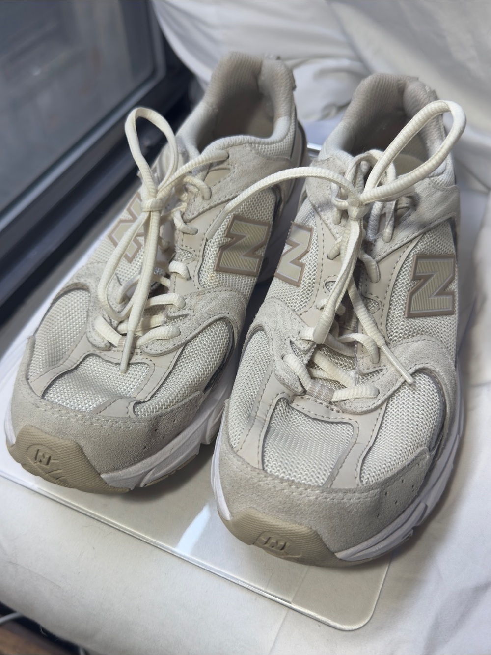 New Balance Light Beige and Off-White Athletic Sneakers